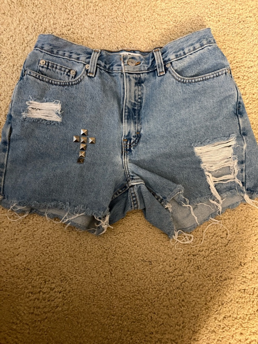 Tommy Hilfiger Light Blue Distressed Denim Shorts with Stud Cross